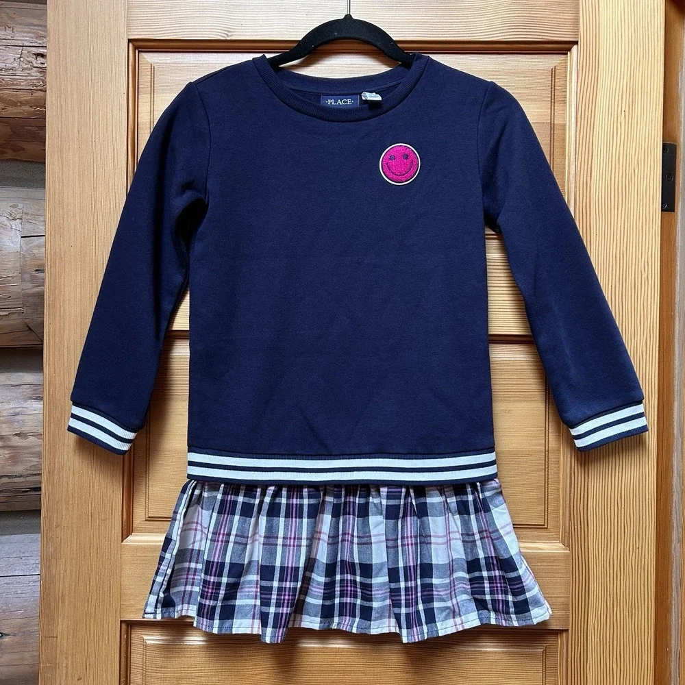 NEW Childrens Place Preppy School Dress Girls 7/8 Navy Blue Plaid Casual Skater